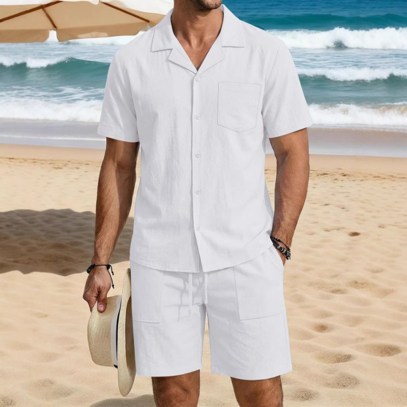 Conjunto de verão masculino em - Linen Shirt Summer avaliação e preço